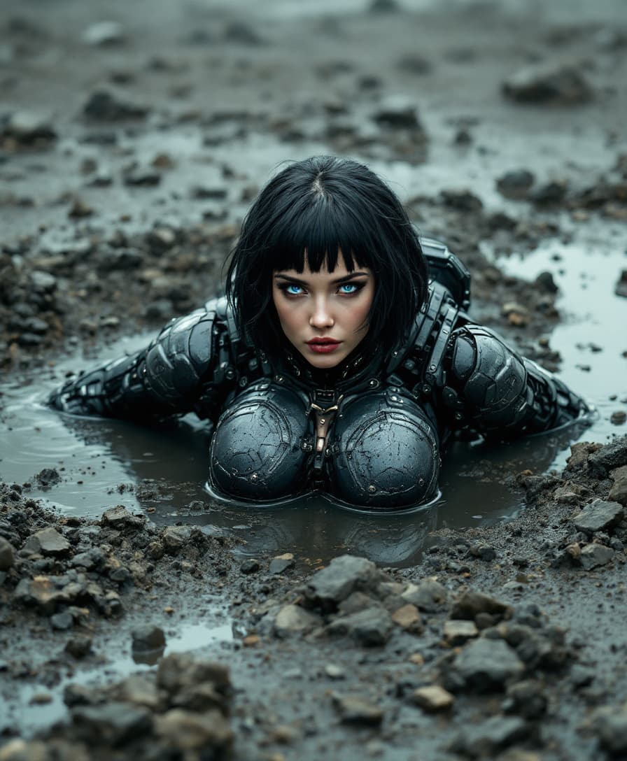 AI generated: woman cyborg who has been cut in half  laying in a muddy puddle on a decimated futuristic battle fie...