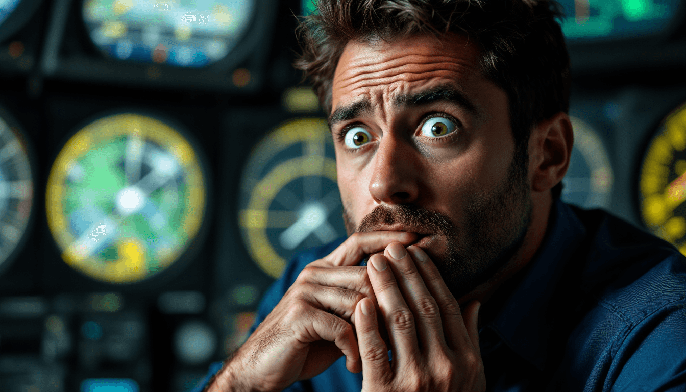 AI generated: 8K image of an air traffic controller with a wide eyed, timid look on his face of, "oops, I made a s...