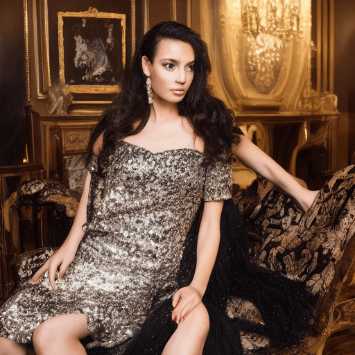 AI generated: An image of a woman seated with poise in a grand interior. She crosses her right leg over her left, ...