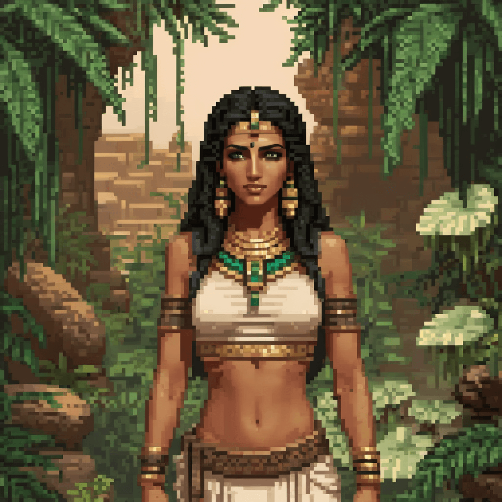 AI generated: 1 adult Egyptian woman, green eyes, black hair flaps, makeups , upper body, looking at viewer, detai...
