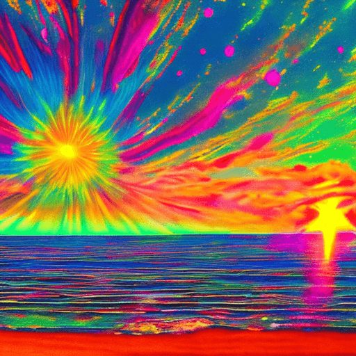 AI generated: Cosmic explosion on the horizon of a psychedelic beach