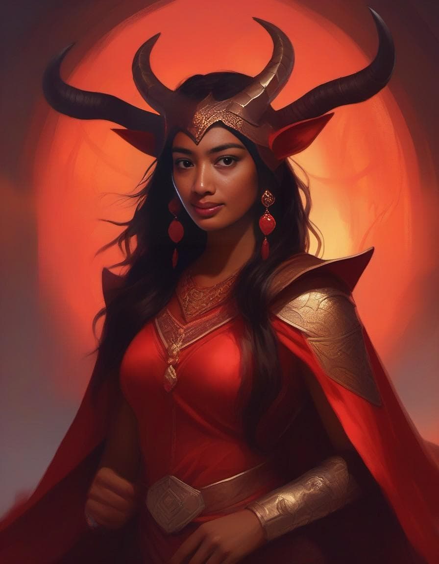 AI generated: painting of a woman with horns and a red cape, tiefling, portrait of demon girl, tiefling female war...