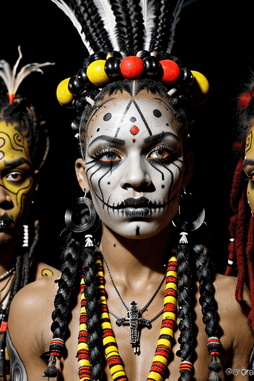 AI generated: Three voodoo priests, two male, one female,  close up, faces painted white and black and red, voodoo...