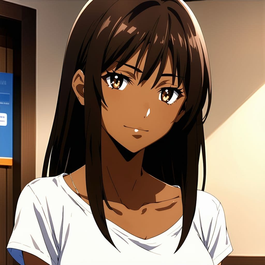 AI generated: Anime, girl with blunt bangs and brown straight hair, long hair, brown eyes, dark skin