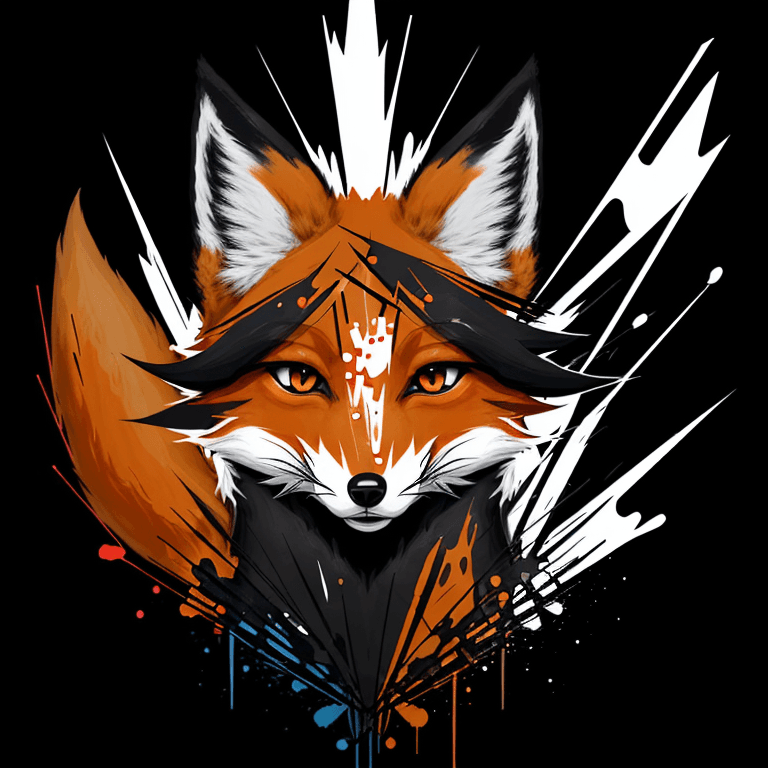 AI generated: The image features a stylized fox logo on a black background with splattered paint.