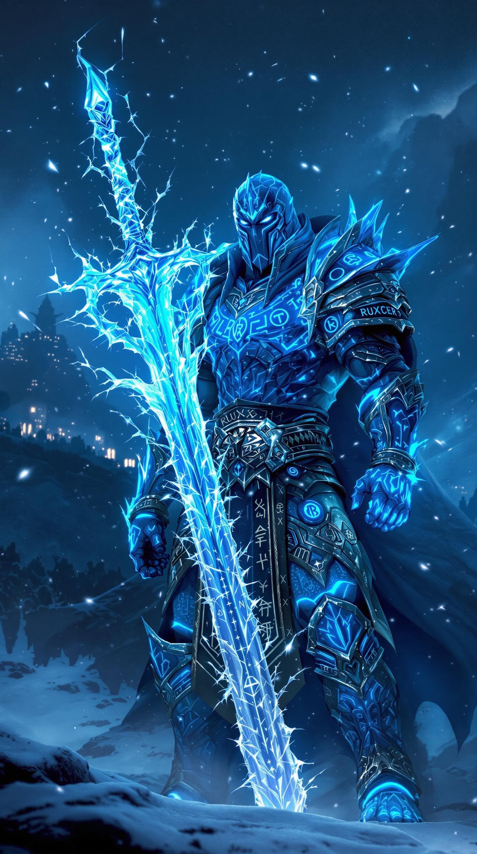 AI generated: fantasy cinematic, ancient warrior clad in enchanted blue armour with glowing ice runes etched into ...