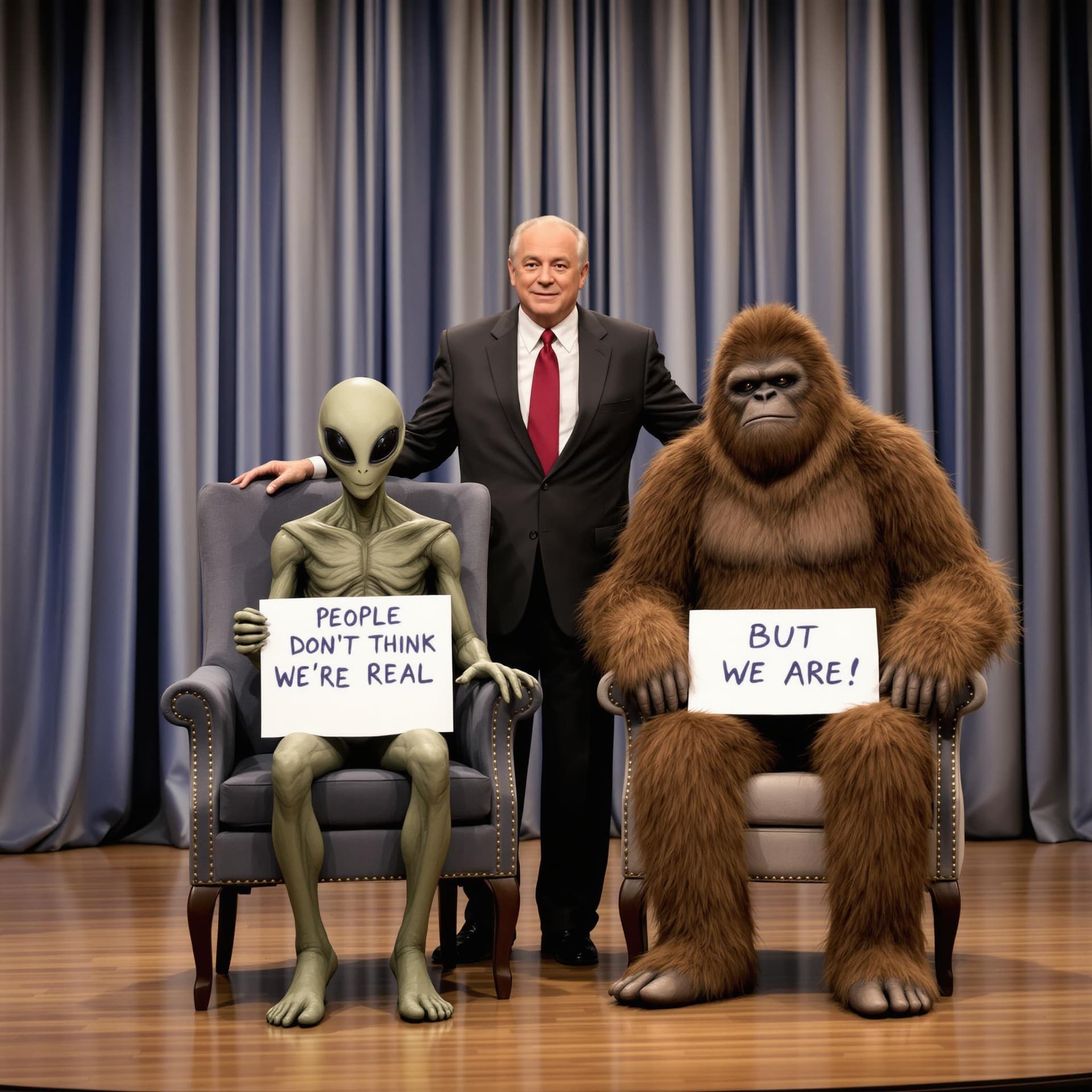 AI generated: on a stage there is 2 chairs, set out in the style of the Jerry Springer show, 1 highly realistic Al...