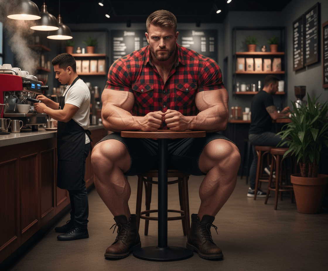 AI generated: Bodybuilder 6"4' tall is seated at a table at the coffee shop, he is wearing a lumberjack shirt shor...