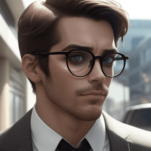 AI generated: An attractive man, with an enigmatic look that intensifies through the glasses he is wearing, embark...