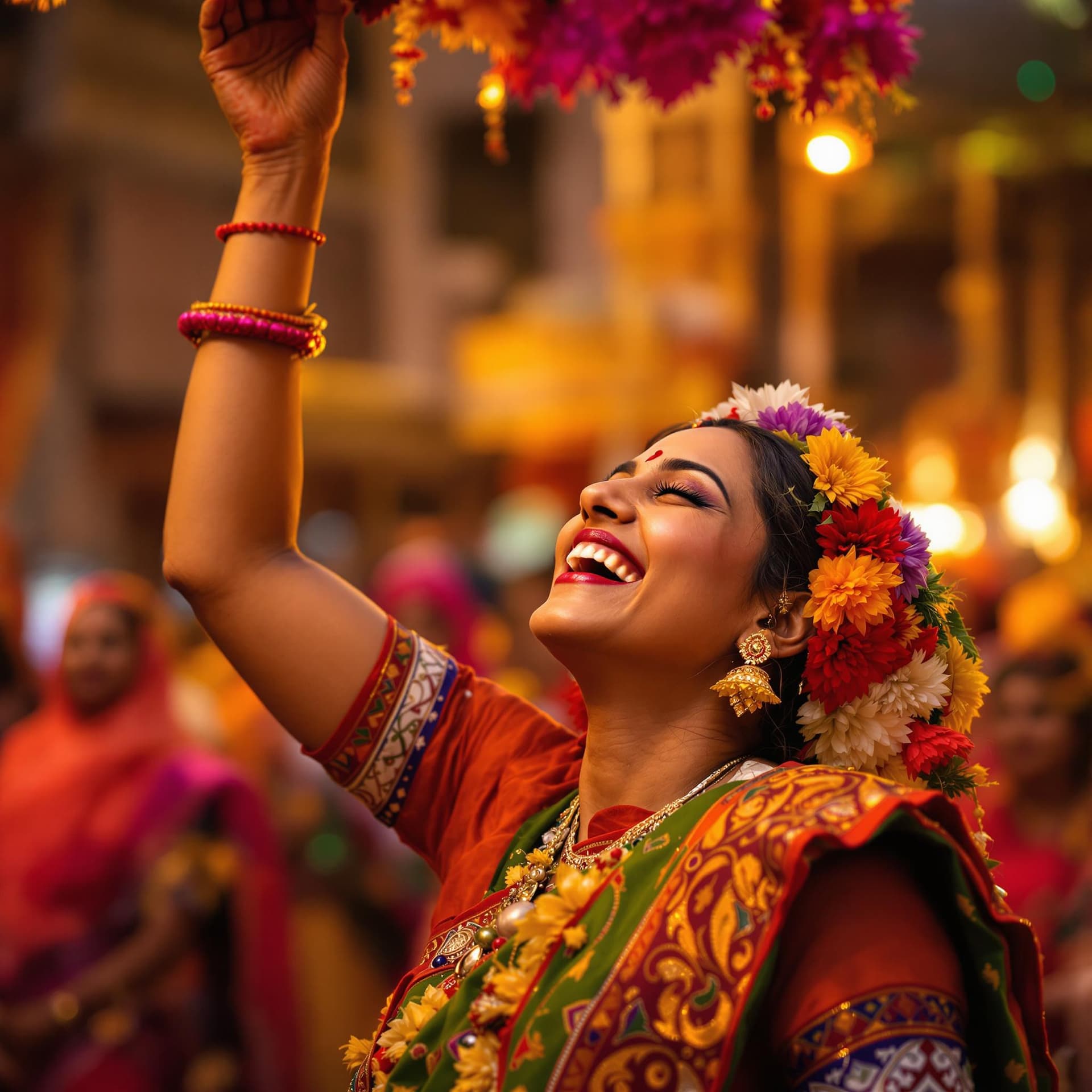AI generated: The image captures a joyous moment, centered on a smiling Indian woman aging 38 dressed vibrantly in...