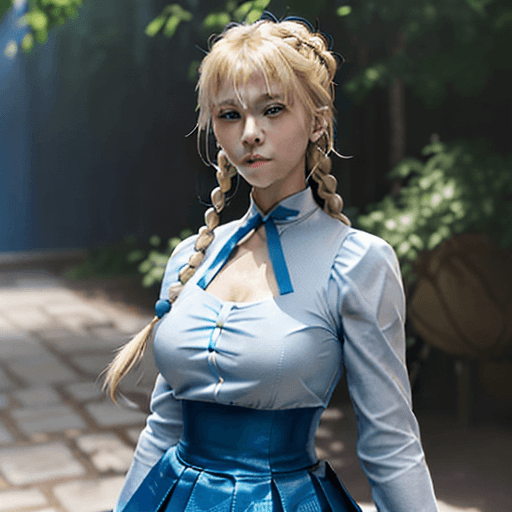 AI generated: Saber, Fate/Stay Night, blonde hair, braided hair bun on the back of the head, "long blue skirt", "g...