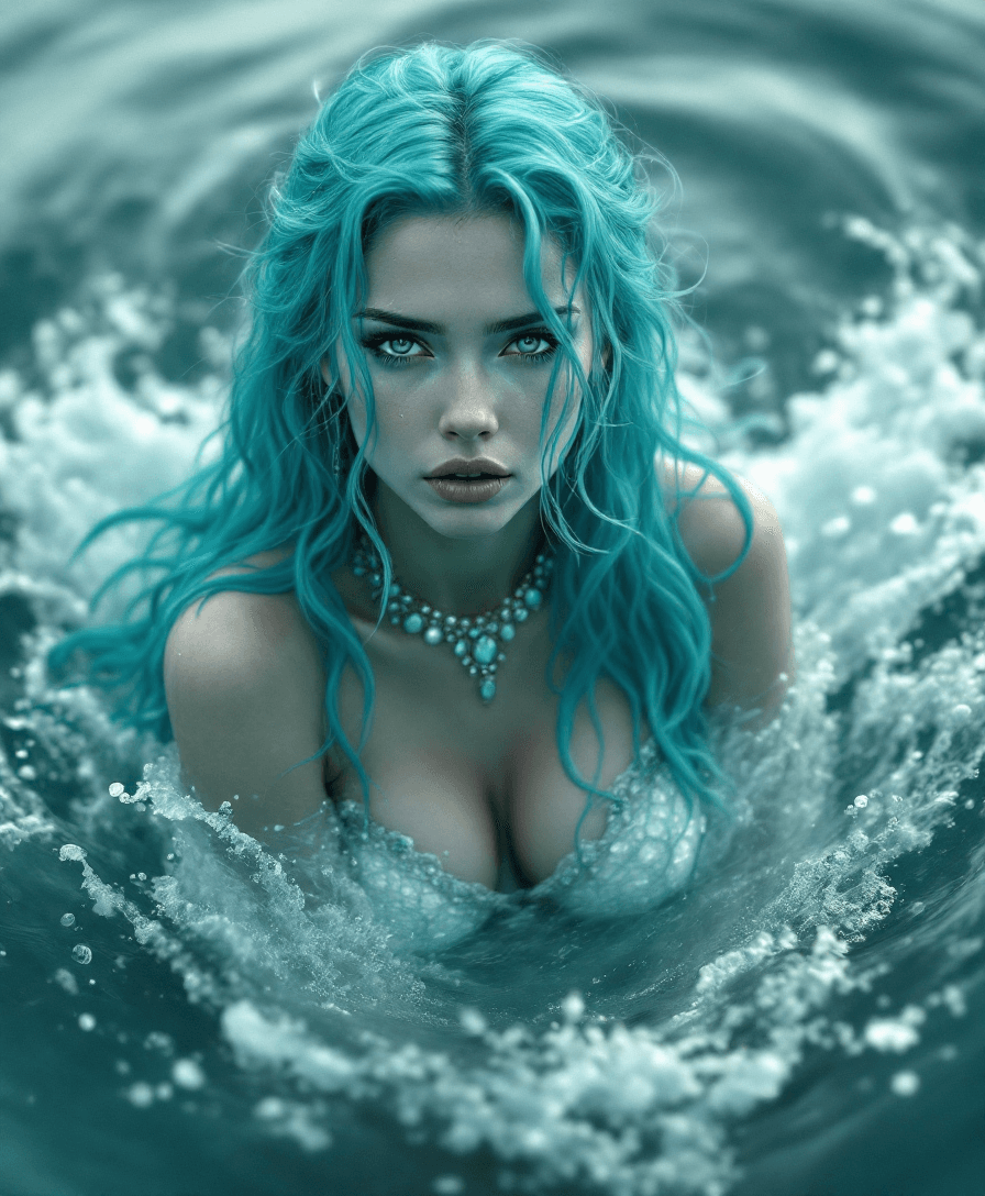 AI generated: A turquoise haired siren emerges from the sea, her extra long turquoise hair and hypnotic light grey...