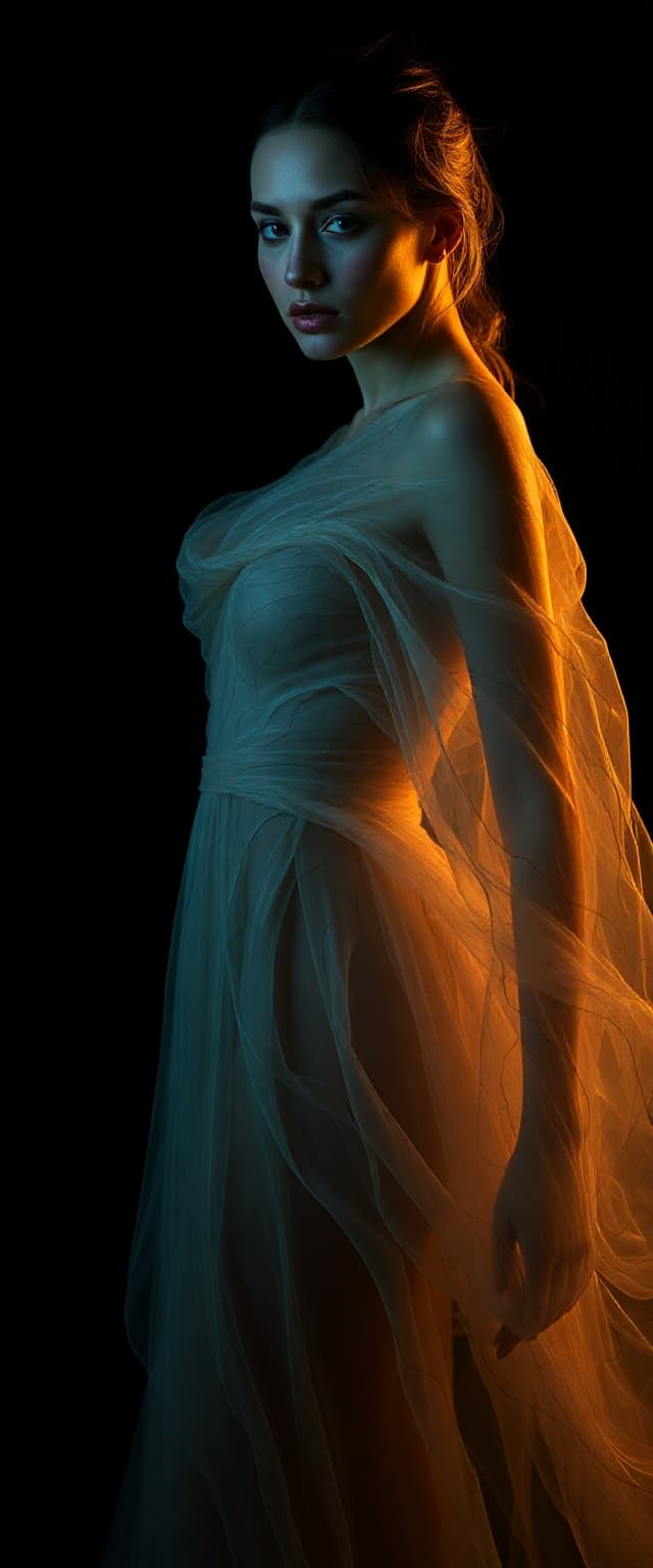 AI generated: "Original fine art photography full body image warm and soft with slight darkness. Epic, futuristic ...
