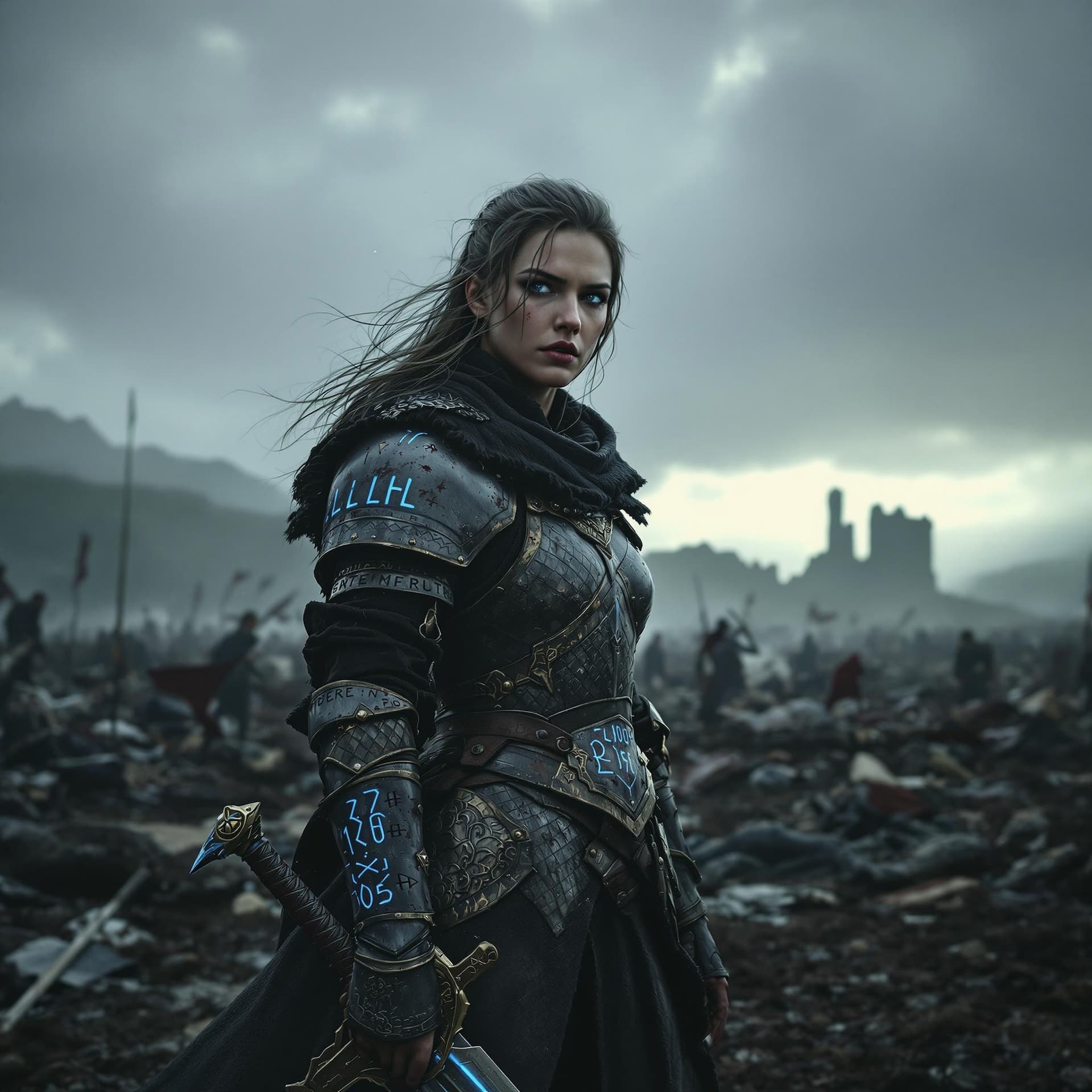 AI generated: A cinematic, realistic woman in early medieval armor stands alone on a mist-covered battlefield afte...