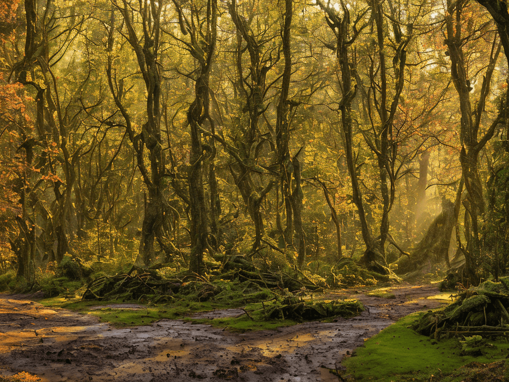 AI generated:  deep in a dense forest, shafts of late aftenoon sunlight coming through the leaves of ancient trees...