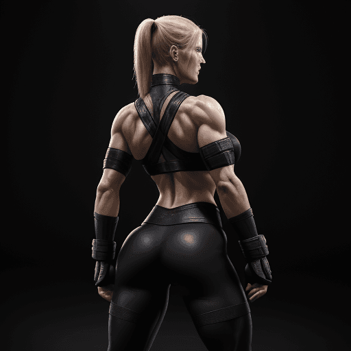 AI generated: Sonya Blade Mortal Kombat, standing with his back, beautiful body, sports legs in leggings, atmosphe...