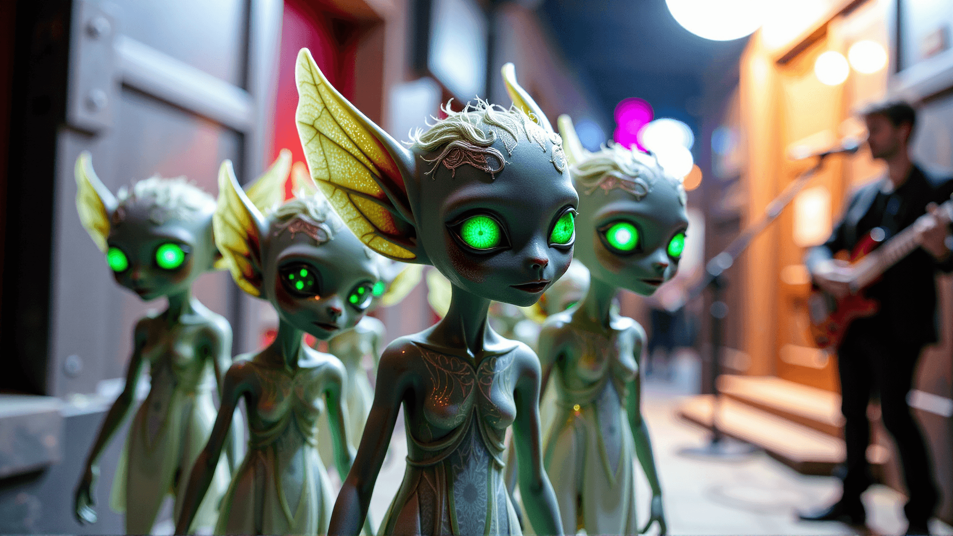 AI generated: Close-up on a cluster of urban fae (small, agile, mysterious figures with glowing emerald eyes, in m...