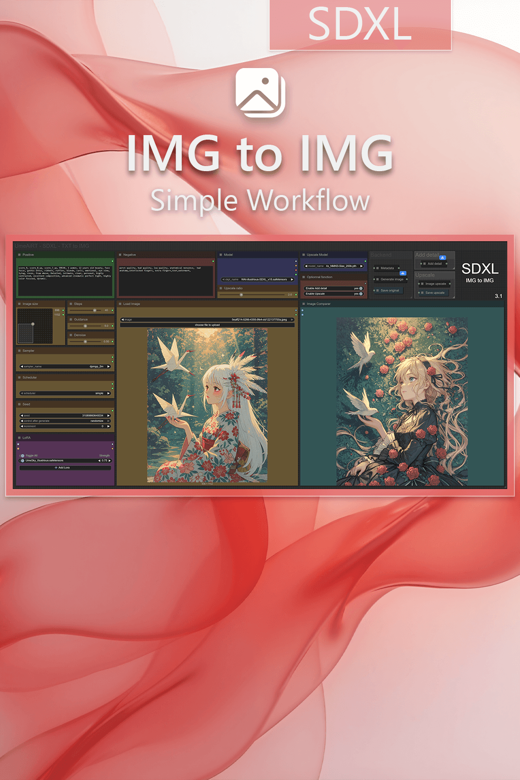 IMG to IMG simple workflow SDXL | UPSCALE | LORA | CIVITAI Metadata