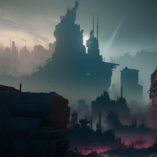 AI generated: post apocalyptic city set in a horizon zero dawn inspired world, final fantasy ink style, dramatic l...