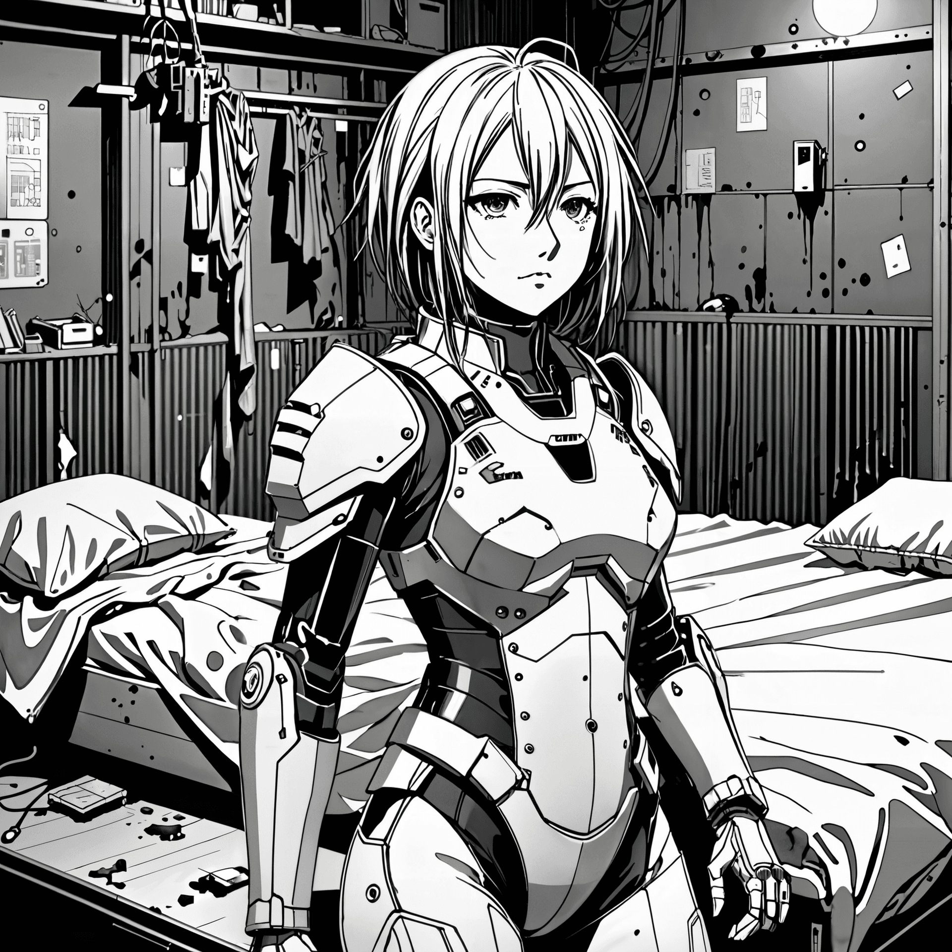 AI generated: shading, neutral smile, manga, Sharp details, messy background, stains on bed, lighting, hair reflex...