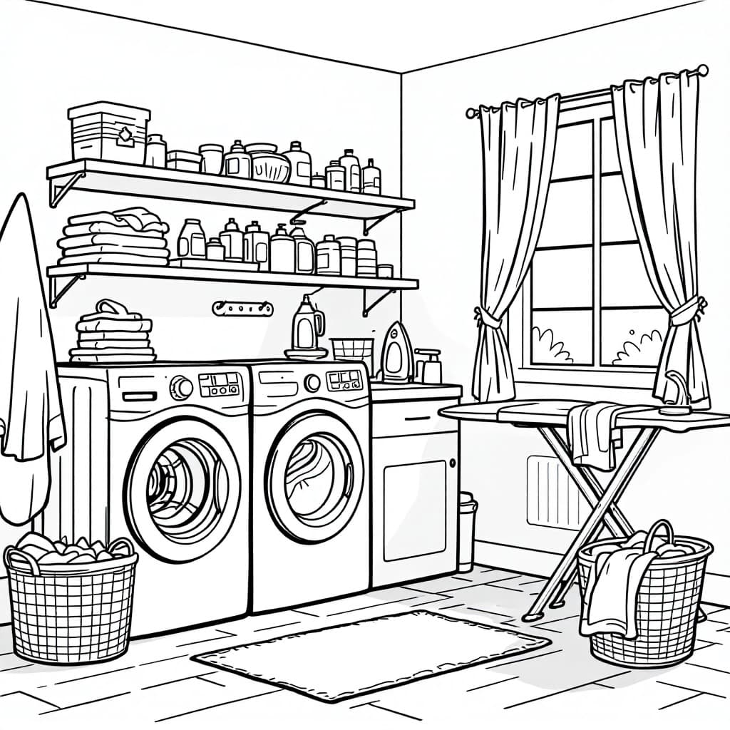 AI generated: Create a high-resolution black-and-white line drawing of a laundry room. Include detailed elements s...