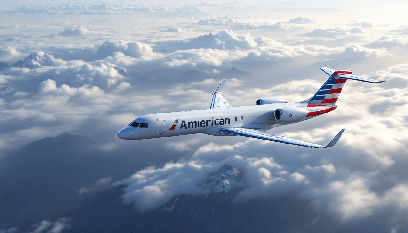 AI generated: An 8K, photorealistic image of  and American airlines CRJ airplane from the side flying over mountai...