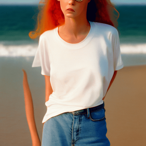 AI generated: hyperrealist female model, middle  wavy hair, orange hair, epic sunglasses, standing with her back t...