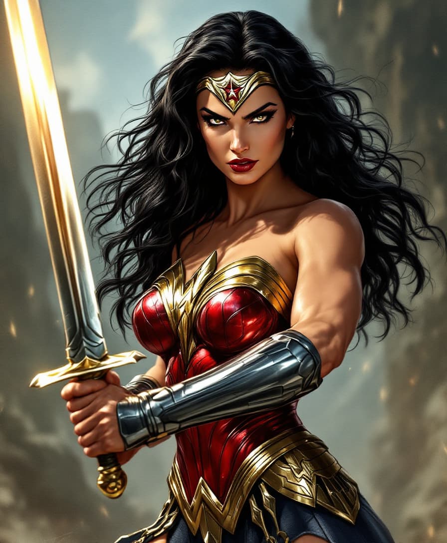 AI generated: Prompt:

 
Full-length, detailed, cinematic photography, high-definition, Wonder Woman glossy black ...