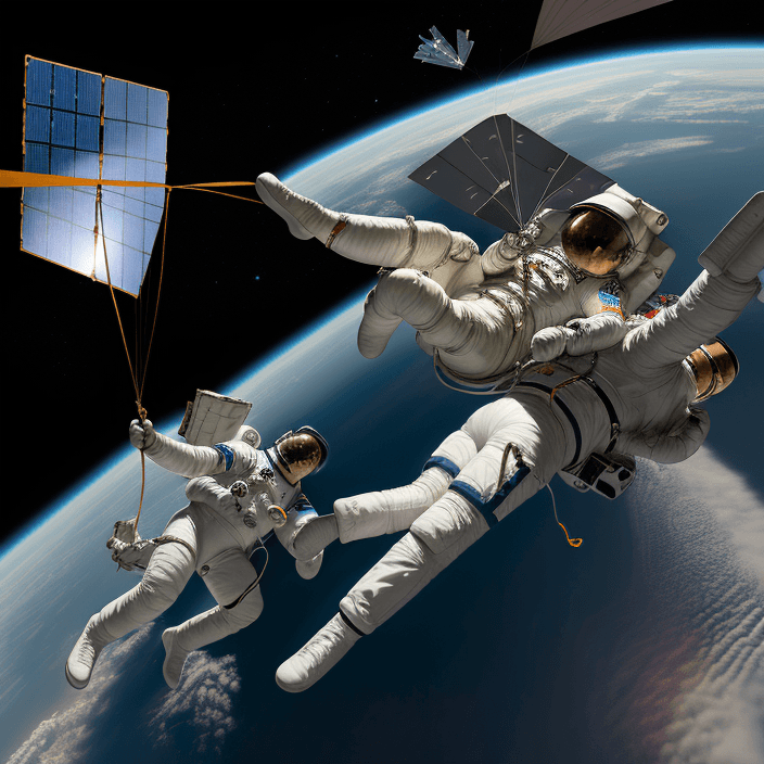 AI generated: High resolution drawing of two astronauts, one is on the ground holding a chord connected to the sec...