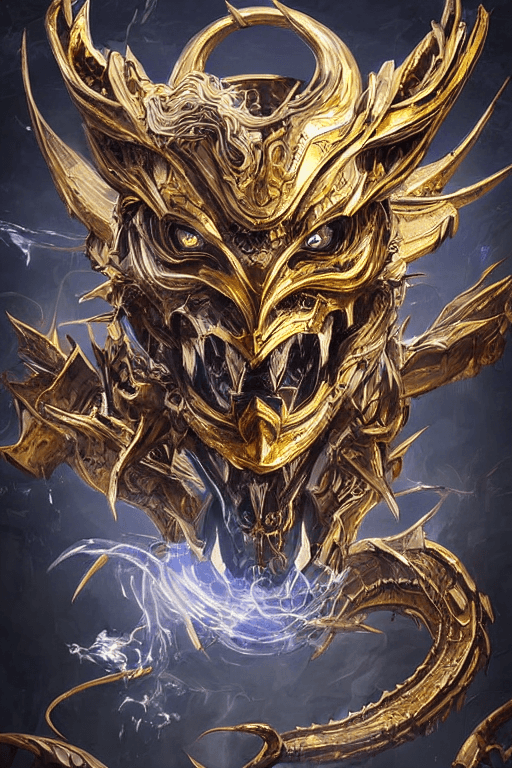 AI generated: high-resolution digital art, robot of the mythical dragon, angry face, gold and black metal body, il...