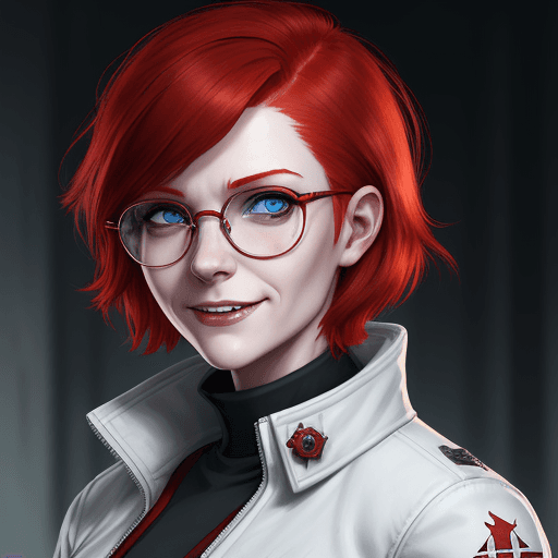 AI generated: female red-haired girl with blue eyes, short hair, a forensic wearing round glasses, a white jacket ...