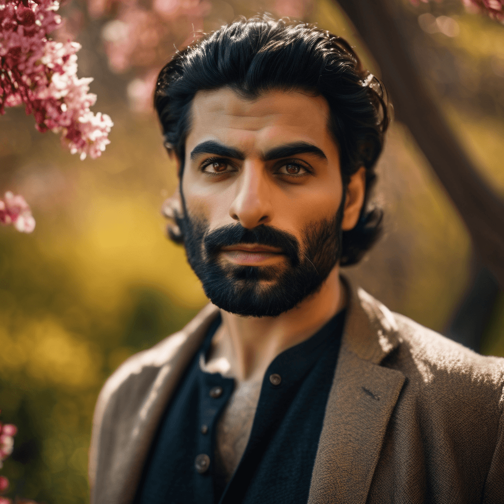 AI generated: An intense close-up of a Persian actor in a springtime setting, with piercing eyes and dramatic ligh...