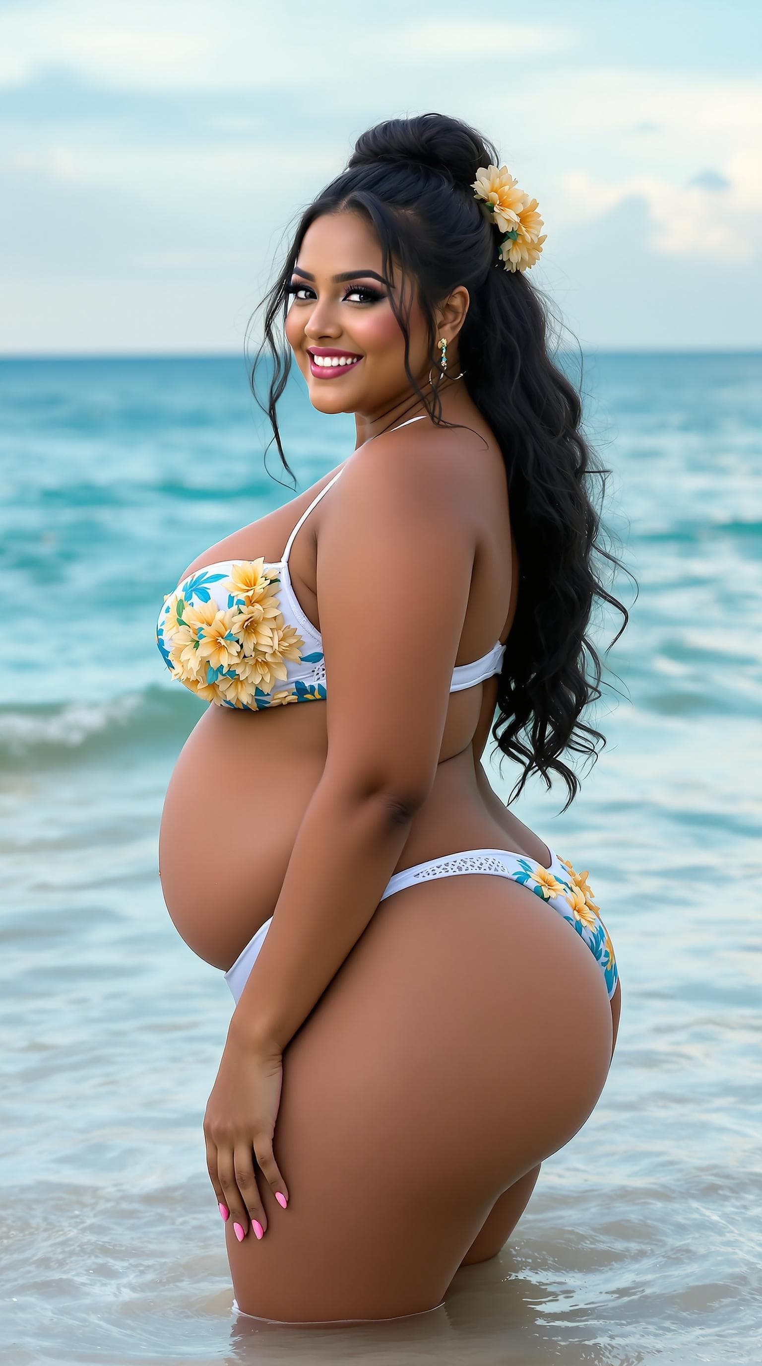 AI generated: a full BODY pretty sexy plus size laughing charming face front view big cleavage boobs of Indian wom...