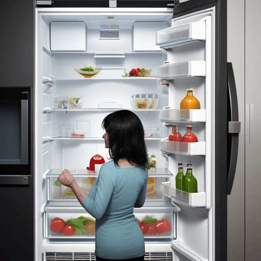 AI generated: a mother opens a empty fridge
