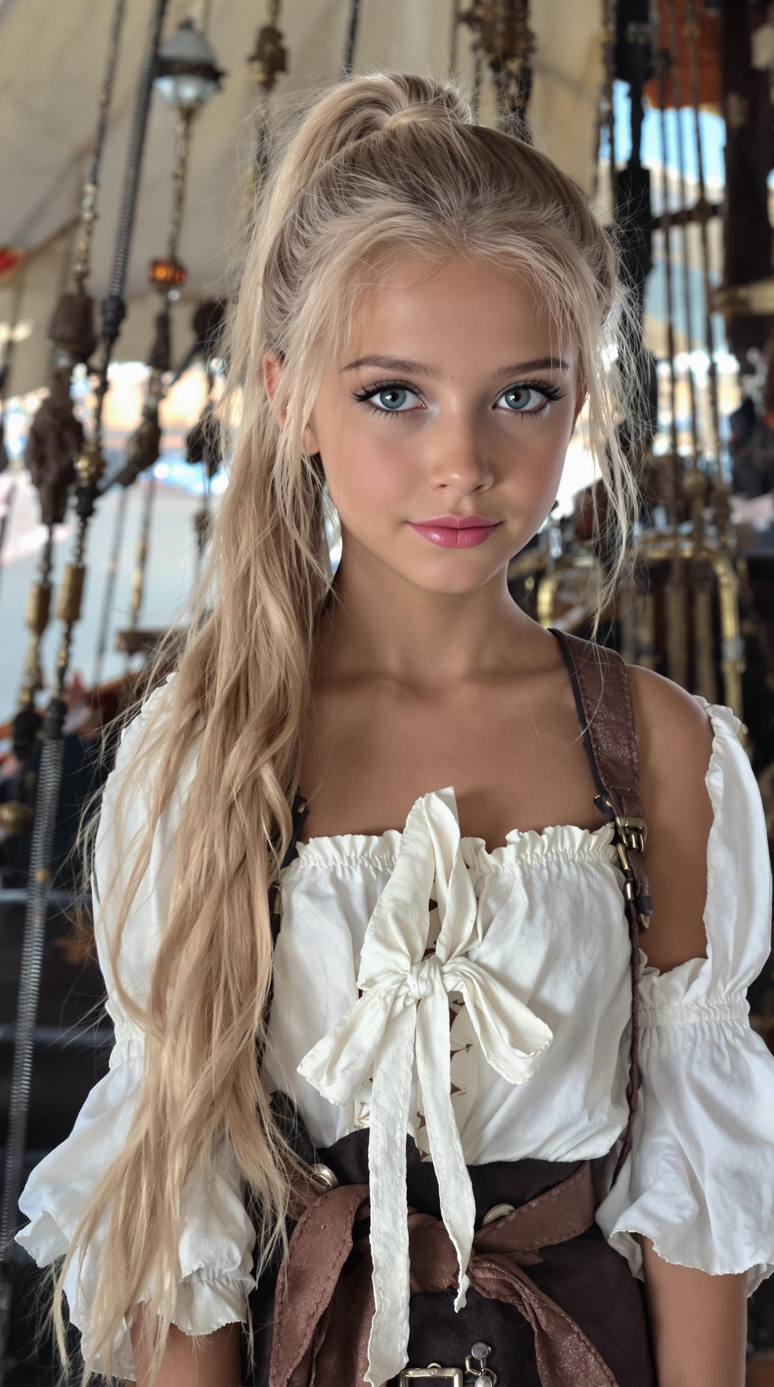 AI generated: a professional photo of a exceptionally beautiful girl aboard pirate ship at sea (age 11), (eleven y...