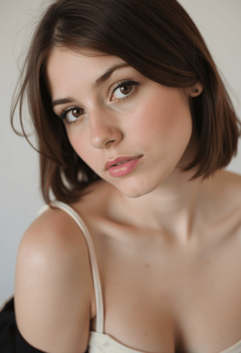 AI generated: The photograph features a young woman with short brown hair and fair skin. She is looking directly a...