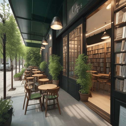 AI generated: Interior and exterior design of a coffee shop with the characteristics of adapting to books and usin...