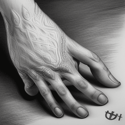 AI generated: A highly detailed monochromatic illustration of a human hand touching a flawless large cat paw, with...
