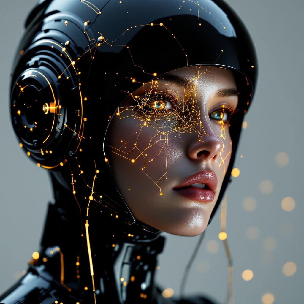 AI generated: man wearing a cyberpunk style shiny black helmet with robotic features, the reflection on her face i...