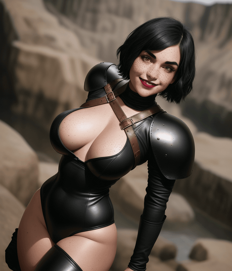 AI generated: It is D&D world, dynamic pose, cute girl, pear shaped, she has short length black hair, thick eyebro...