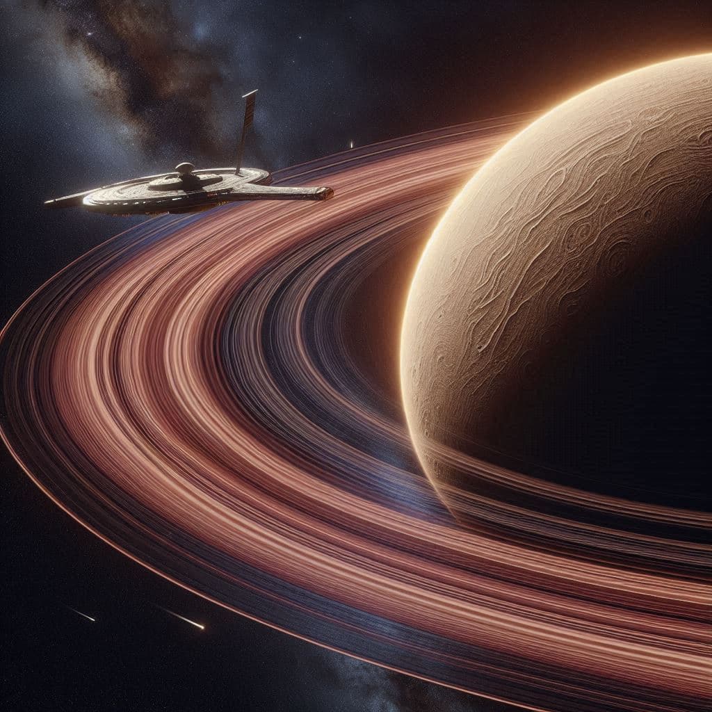 AI generated: A close view of the rings of a giant planet, showing their grainy texture. The USS Voyager passing i...