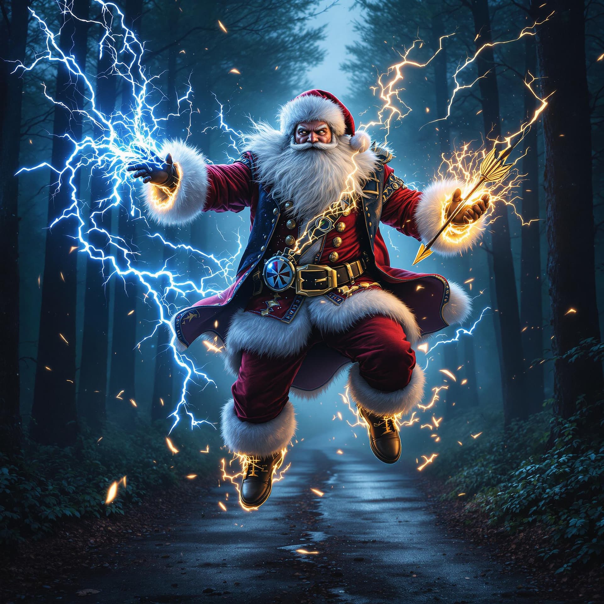 AI generated: russian uncle frost wearing rocker clothes is depicted in an action pose, swirling thunder and light...