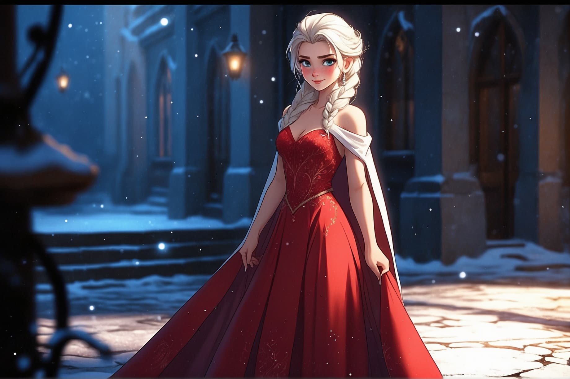 AI generated: (real female in Elsa outfit) , red dress winter background, (((full body visible) )), looking at vie...