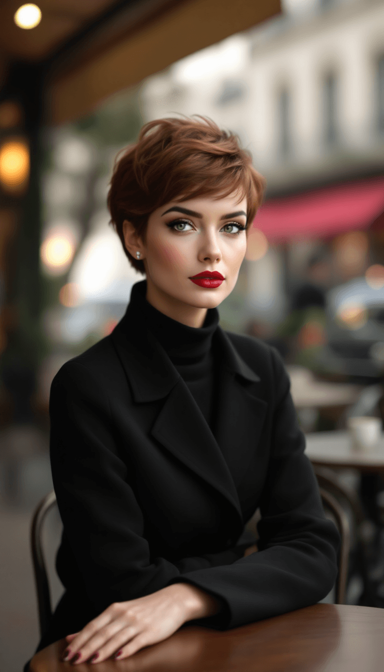 AI generated: /imagine prompt: A chic French woman with light beige skin, green cat-shaped eyes, and short pixie-c...