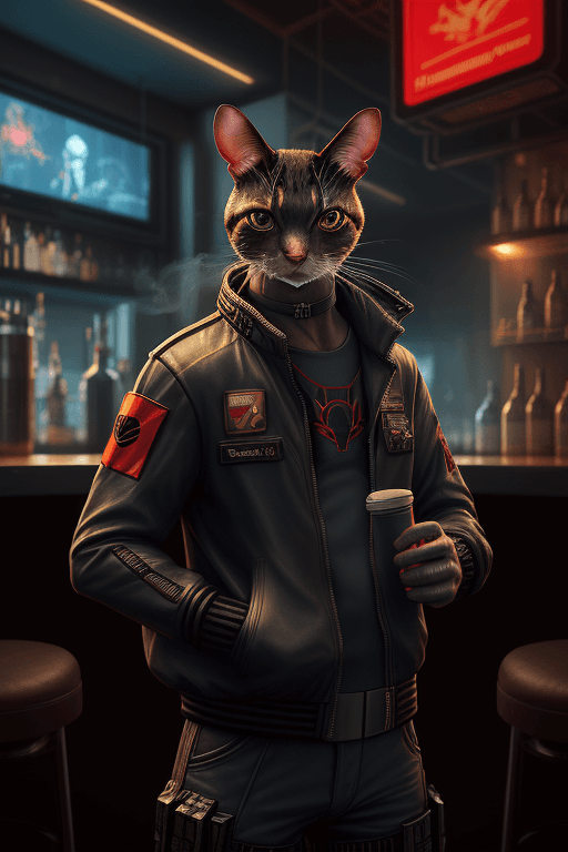 AI generated: A mouse is smoking in a bar, hyperrealistic futuristic soldier cat wearing cyberpunk spiderman jacke...