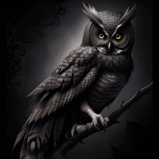 AI generated: A gothic-inspired owl with elaborate feathers and dark, mystical elements