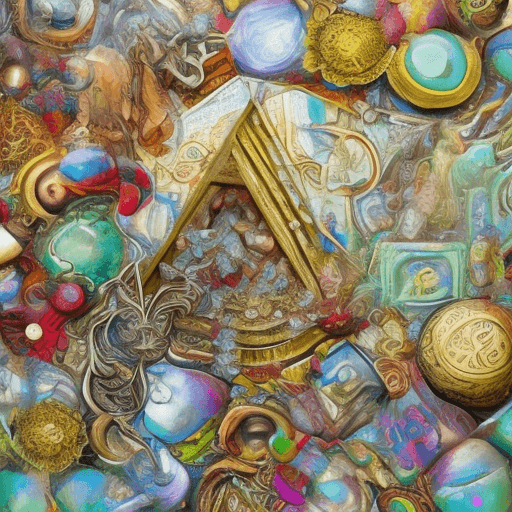 AI generated: digitally creative psychedelic, high detailed chest of jewelry, drawing tools, Egyptian pyramid, sup...