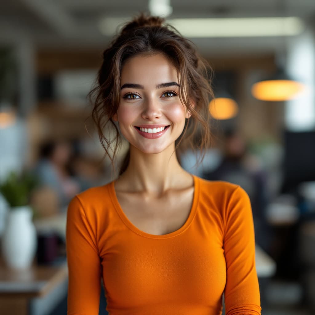 AI generated: photo of a beautiful young woman wearing an tight orange shirt, and smiling at the camera, photoreal...
