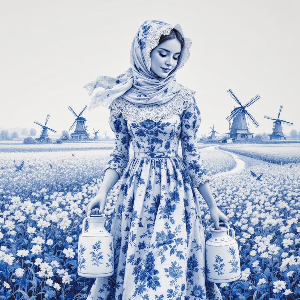 AI generated: a drawing of a beautiful Dutch girl with a hint of a smile and a white "Frau Antje" hood made of Dut...