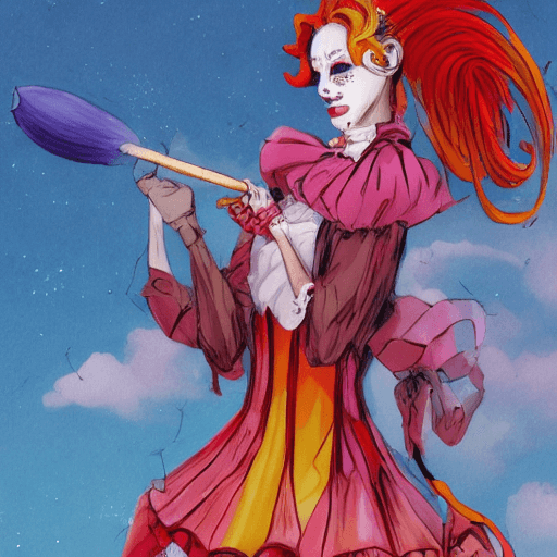 AI generated: a woman dressed as a clown with red hair, in the style of magical girl, colorful moebius, light yell...